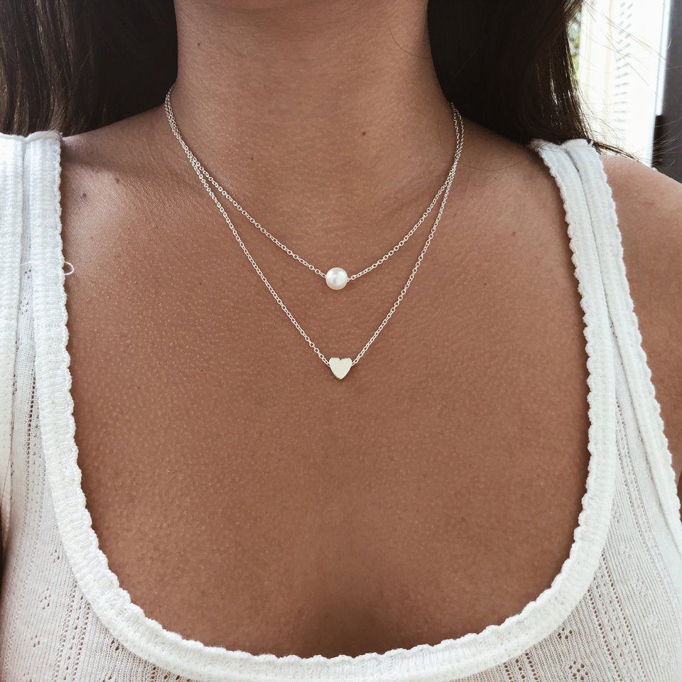 Doppelte Herzkette mit Perle – Layering Halskette