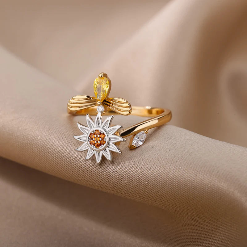 Anti-Stress Spinner-Ring mit Sonnenblumen-Design – 18K vergoldet, drehbar & stilvoll