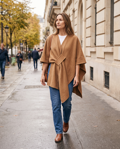 Langer Poncho Schal in Camel – unterwegs getragen